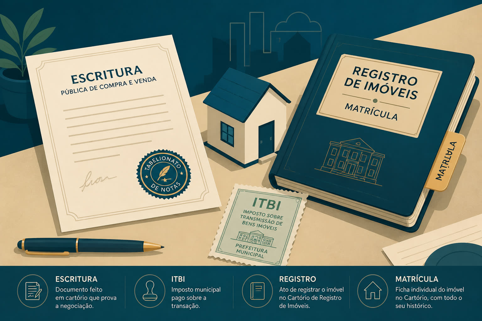 Ilustração editorial com escritura pública, guia de ITBI, livro de registro e matrícula de imóvel