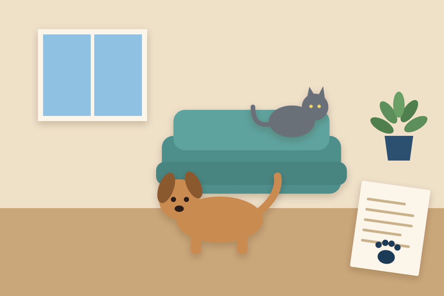 Ilustração de sala de apartamento alugado com cachorro, gato sobre o sofá e contrato com marca de pata