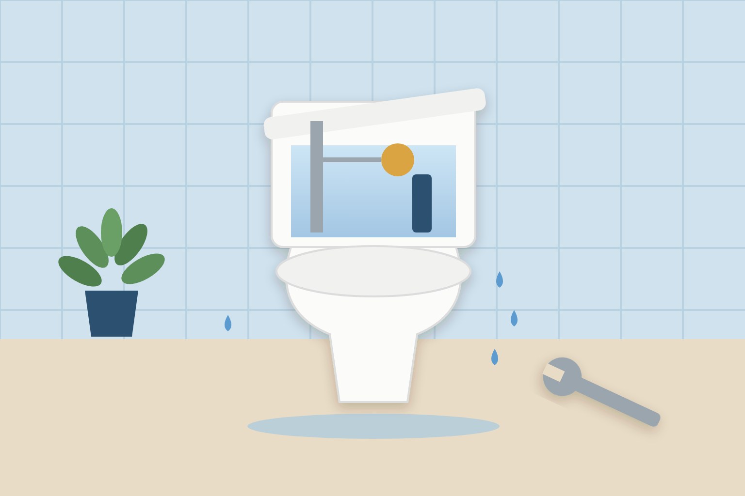 Ilustração de vaso sanitário com a caixa acoplada aberta mostrando boia e válvula, gotas de água no chão e chave inglesa