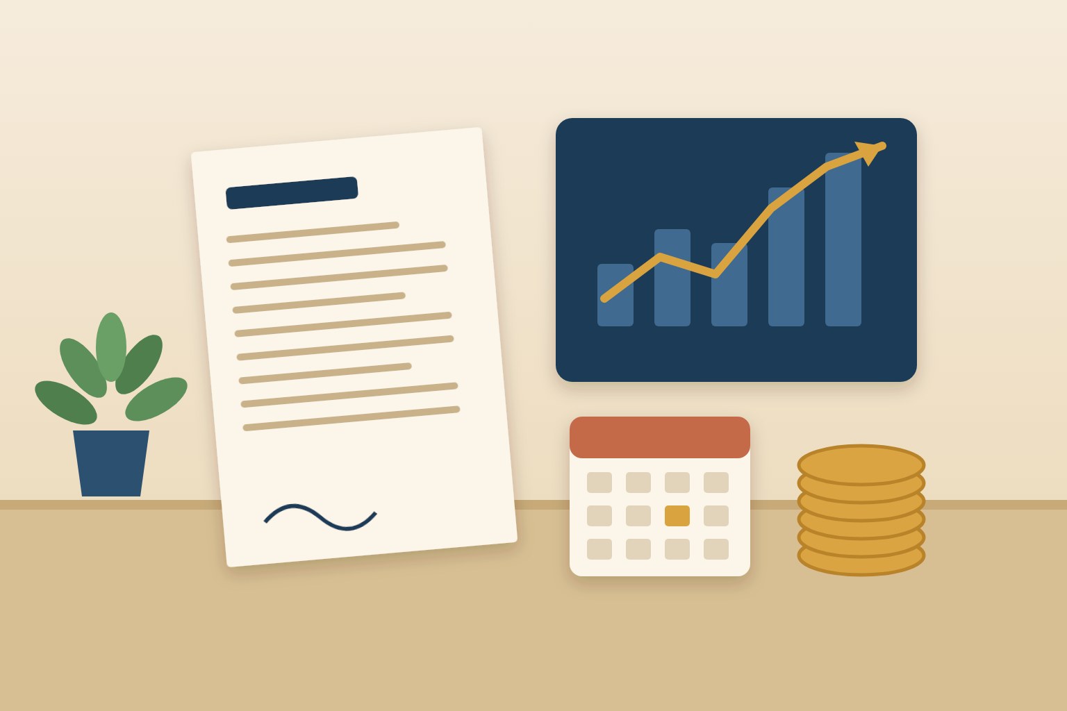 Ilustração de contrato de aluguel ao lado de gráfico de índice em alta, calendário e pilha de moedas