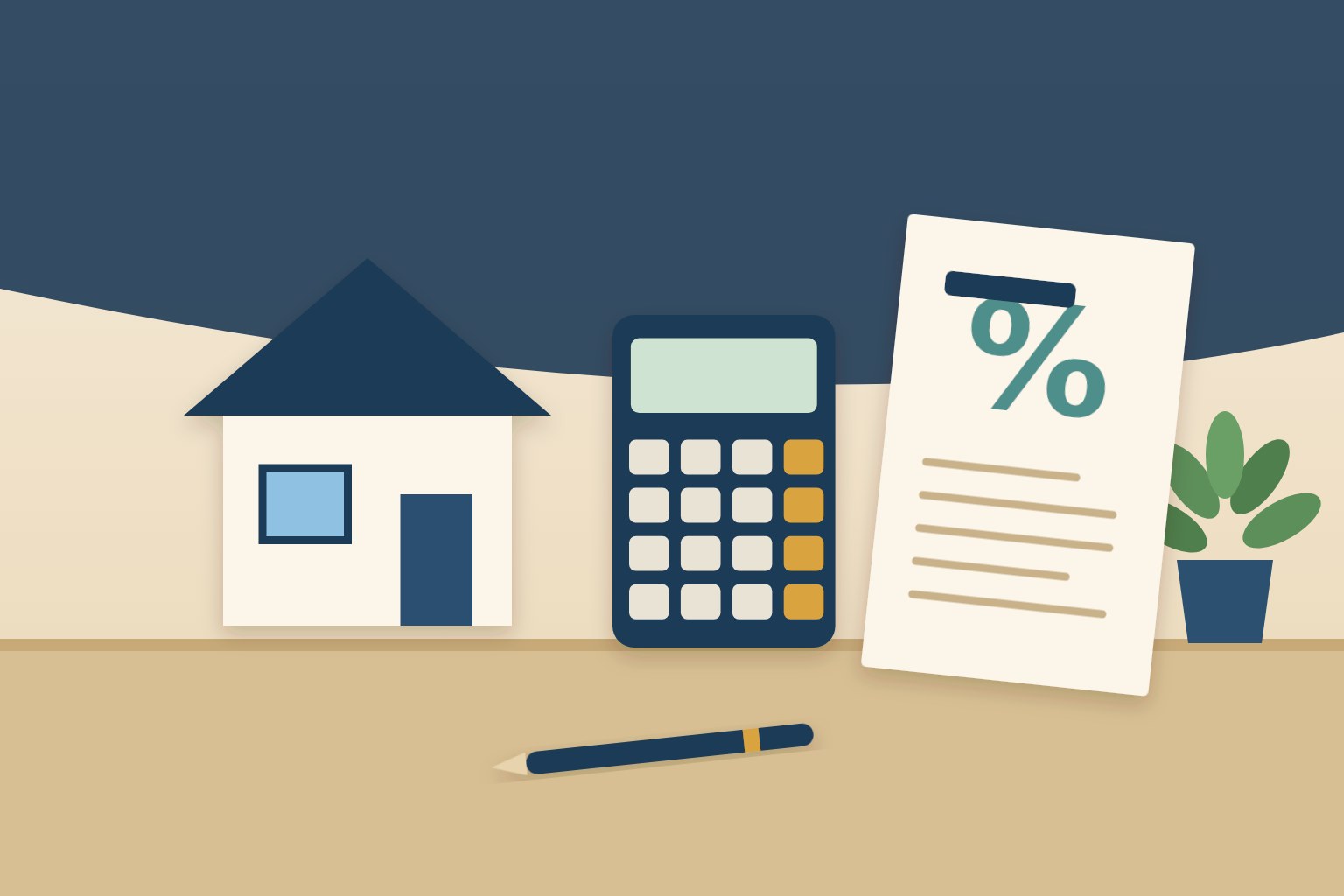 Ilustração de financiamento imobiliário com casa, calculadora e documento com símbolo de porcentagem do CET