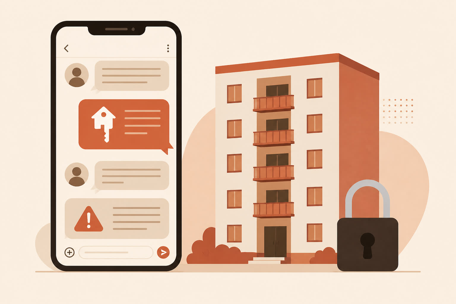 Ilustração editorial de celular com alerta, prédio residencial e cadeado, sobre golpe em aluguel