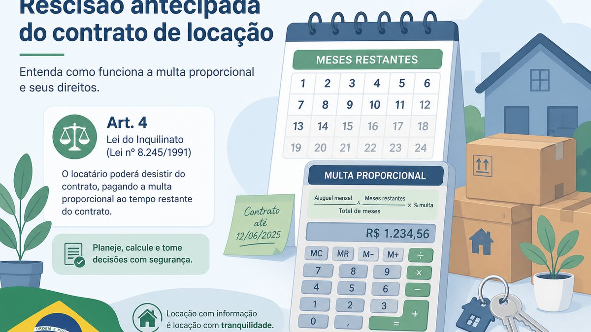 Contrato de aluguel e calendário ilustrando multa proporcional na rescisão antecipada