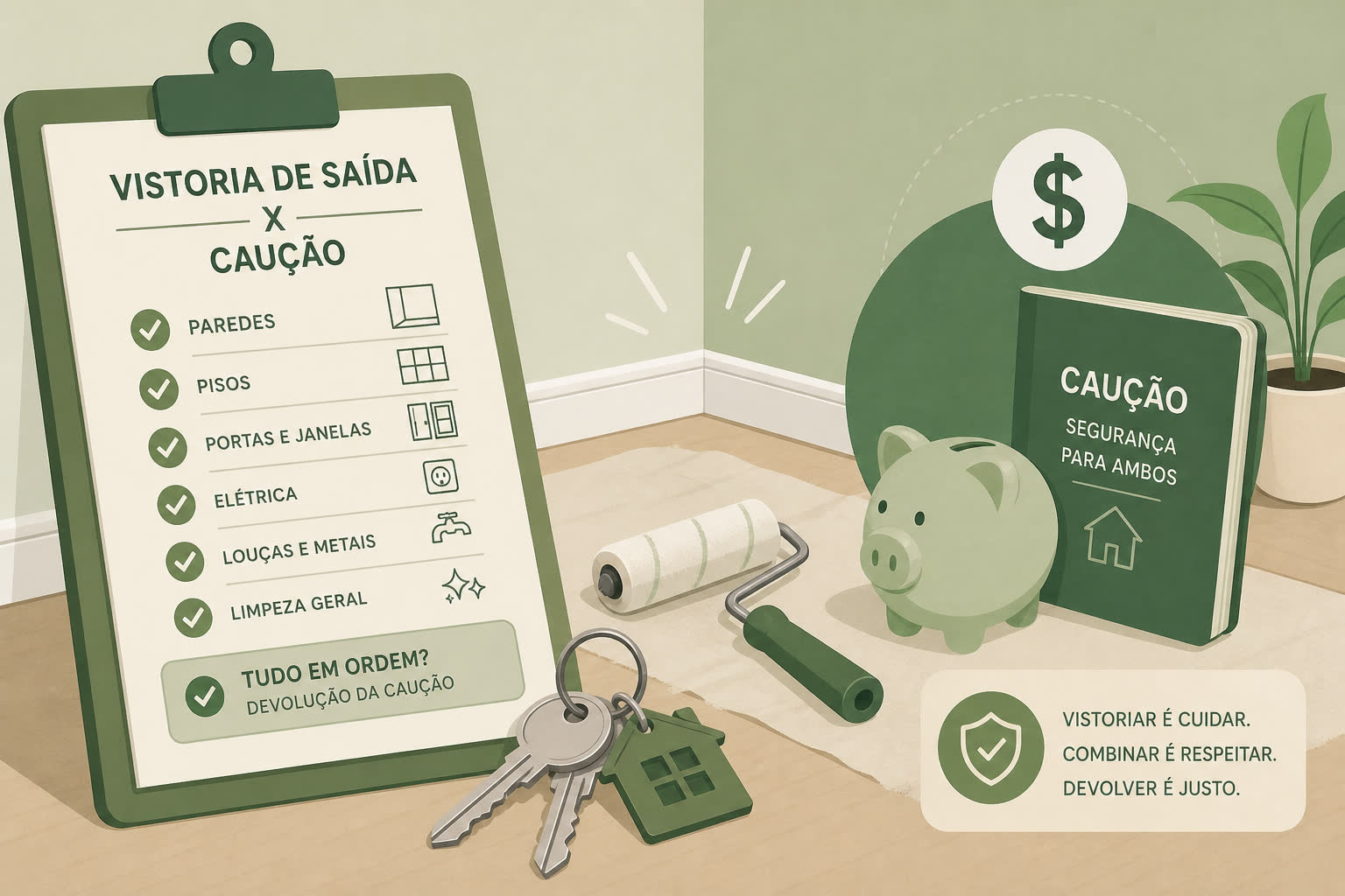 Ilustração de laudo de vistoria de saída, chaves e caução, sem pessoas reais